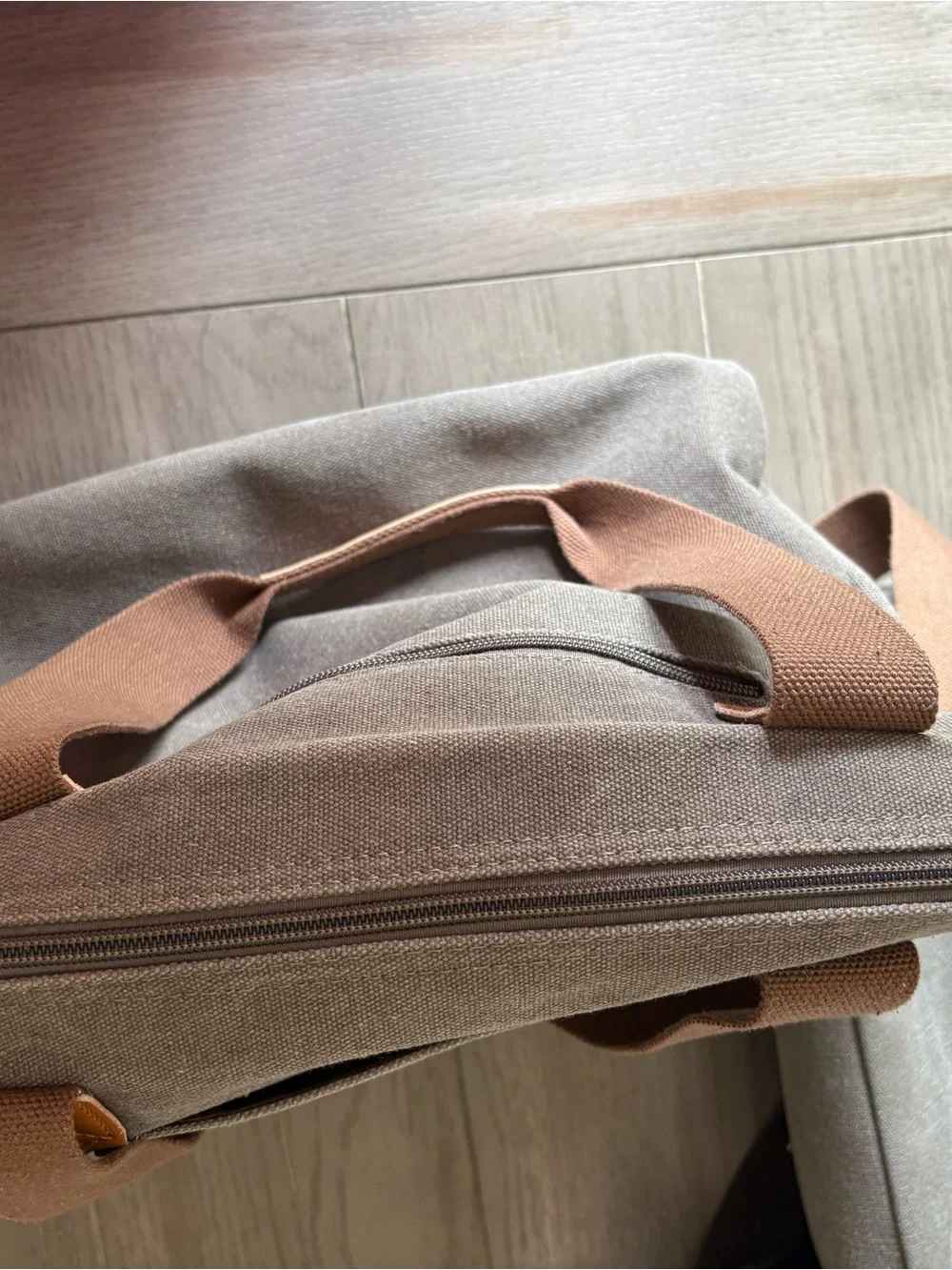 Canvas Tote Crossbody Bag in Gray with Brown Straps
